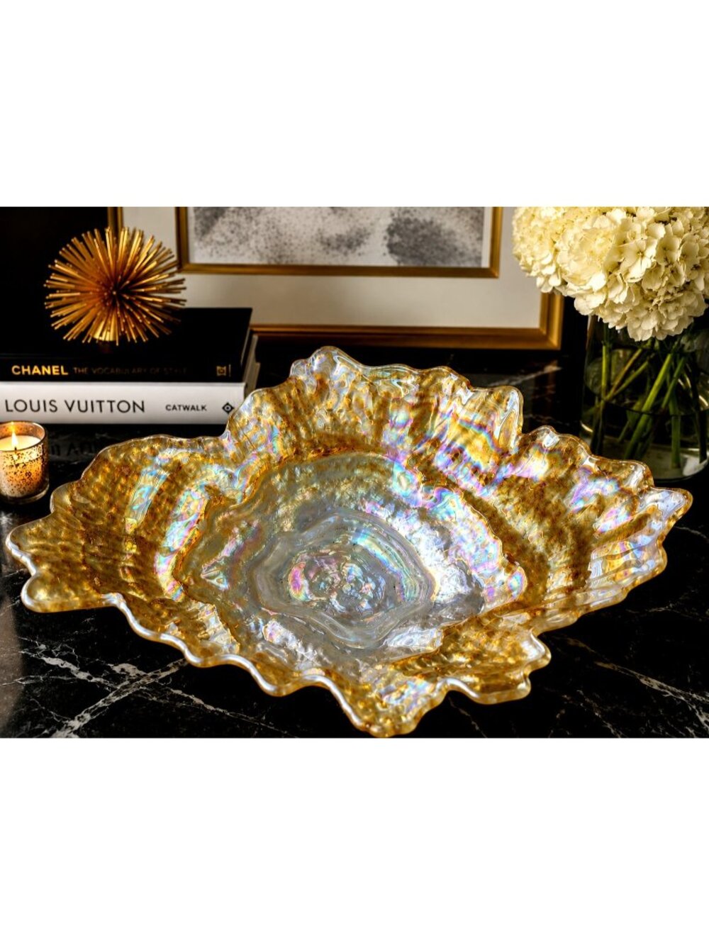 Iridescent Art Glass Freeform Amber Gold Organic Glass Sculpture Centerpiece